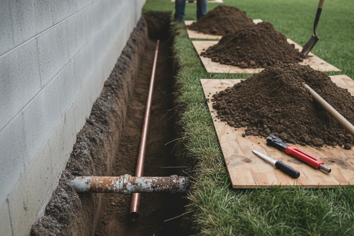 Excavated water line trench during Water Softener Installation in Glen Allen